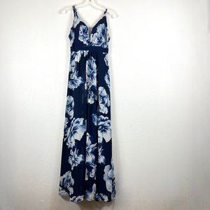 WINDSOR MAXI BANQUET DRESS SIZE SMALL SIDE SPLIT ADJUSTABLE STRAPS BLUE FLORAL